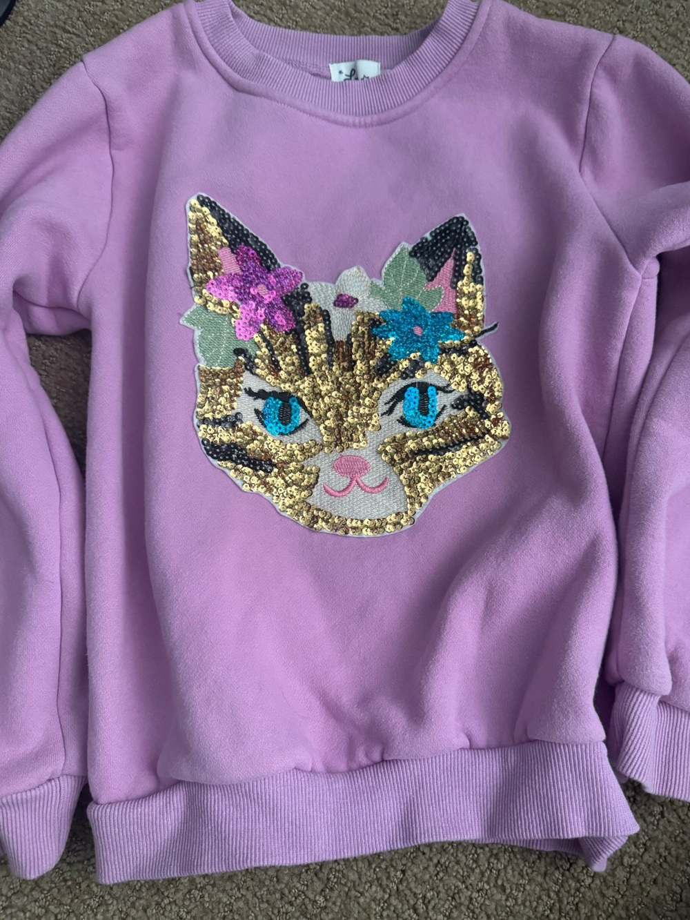 Lola + the Boys Lavender Sequin Cat Floral Sweatshirt Size 10